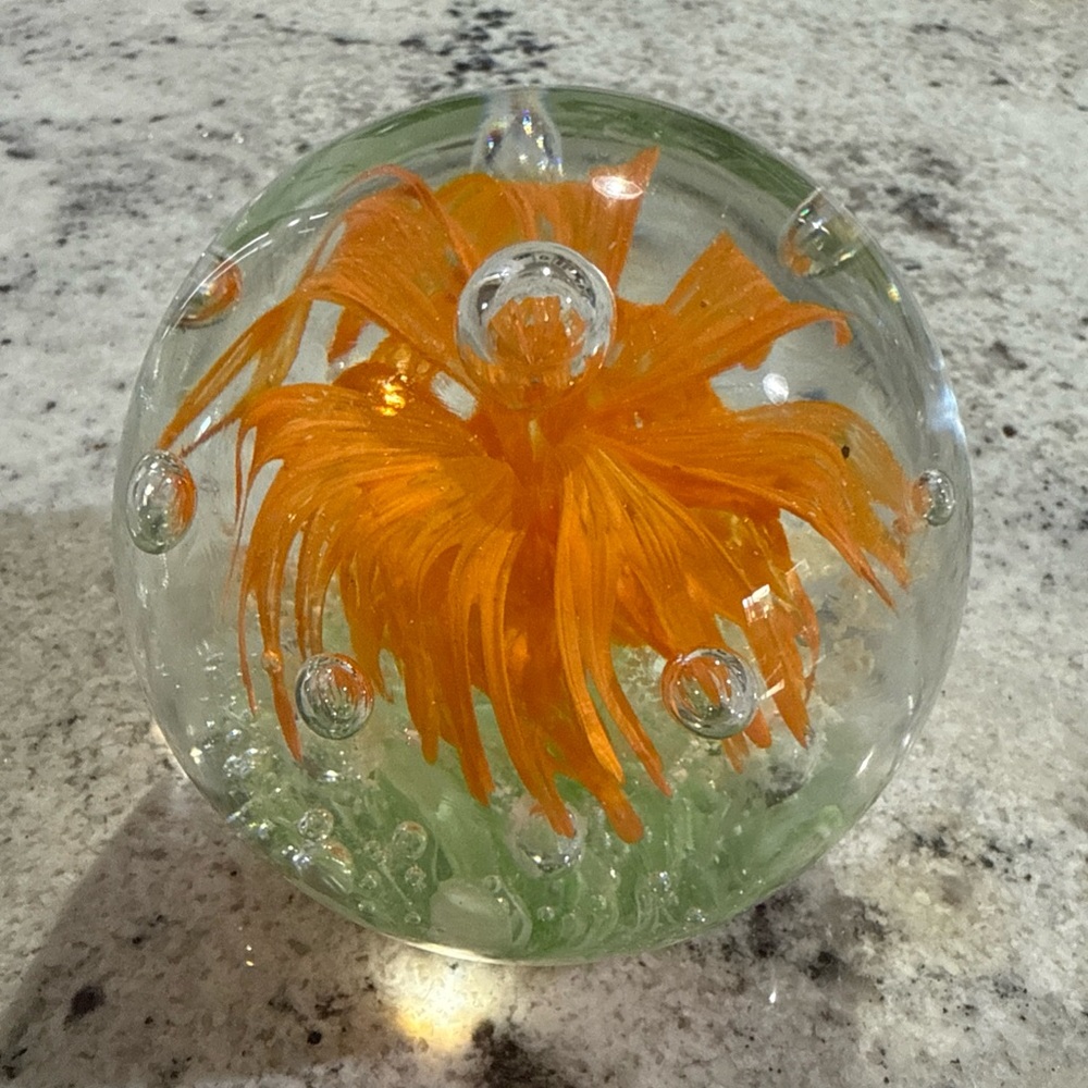 Blown Glass Paperweight 4” unique Orange Flower Bubble Design